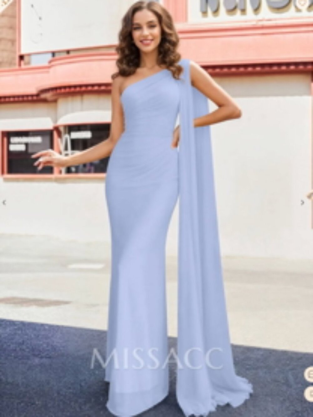 MISSACC Elegant Ruched One-Shoulder Floor-Length Evening Dress With Long Ribbon